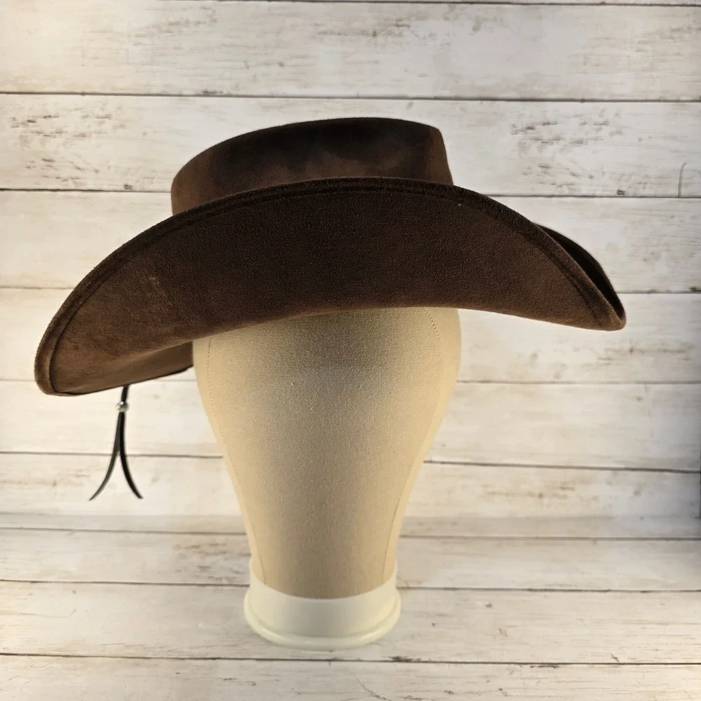 Run A Muck Brown Faux Suede Cowboy Hat Western Concho Beaded Drawstring Hat